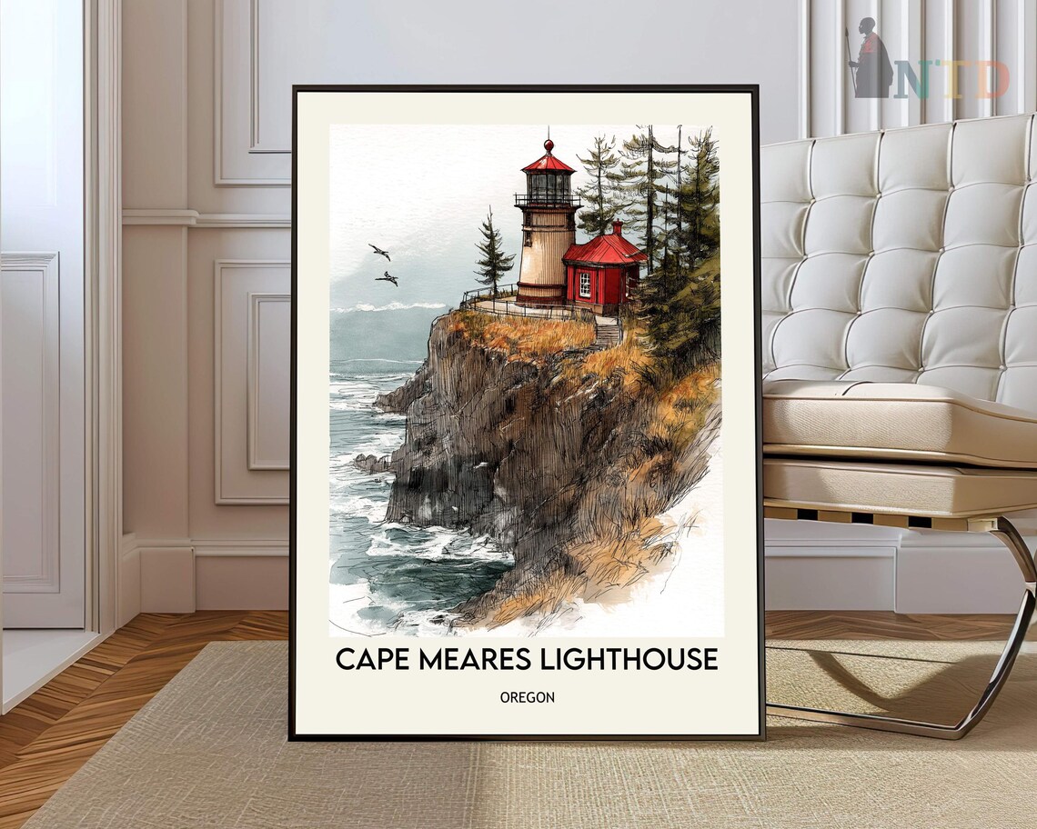 Cape Meares Lighthouse Oregon Seabird Cliff Watercolor Poster
