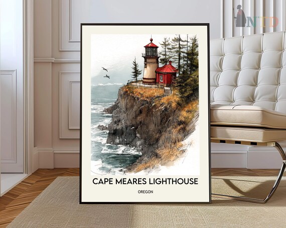 Cape Meares Lighthouse Oregon Seabird Cliff Watercolor Poster