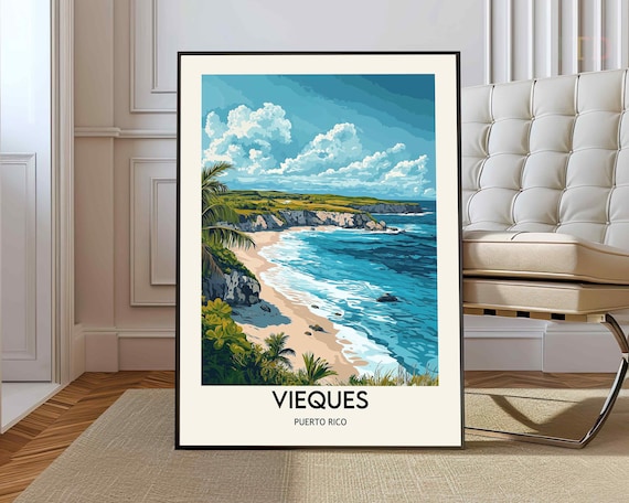 Vieques Puerto Rico Retro Beach Cliff Ocean Illustrated Travel Poster