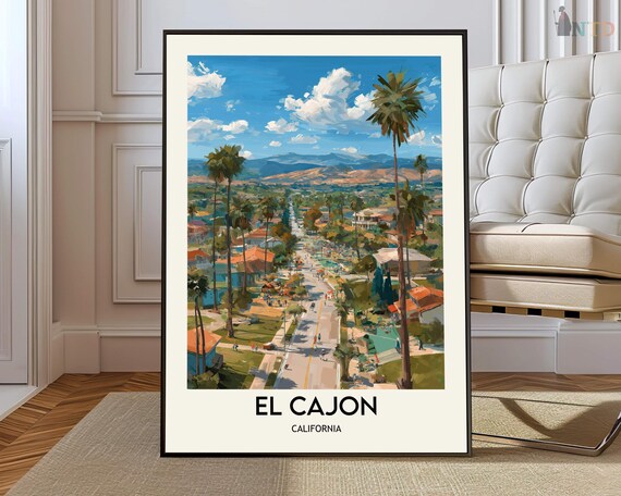 El Cajon California Street View Travel Poster With Palms and Mountains