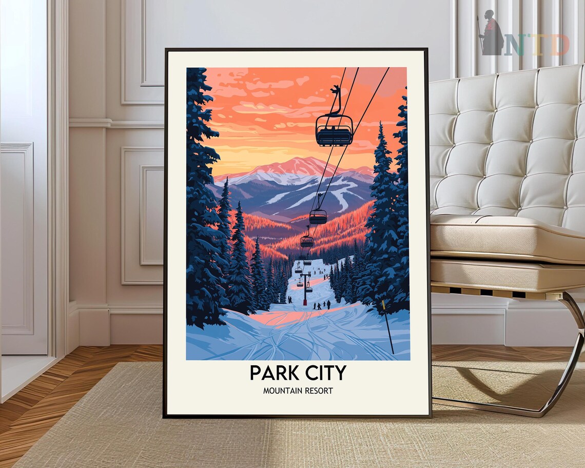 Park City Utah Mountain Resort Sunset Chairlift Skiers Poster