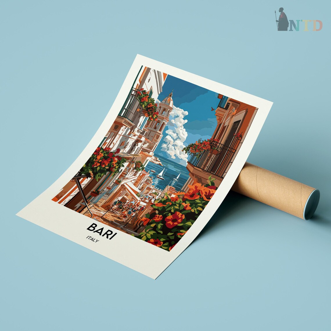 Bari Italy Flower Balcony Street Old Town Seaside Travel Poster - Image 3