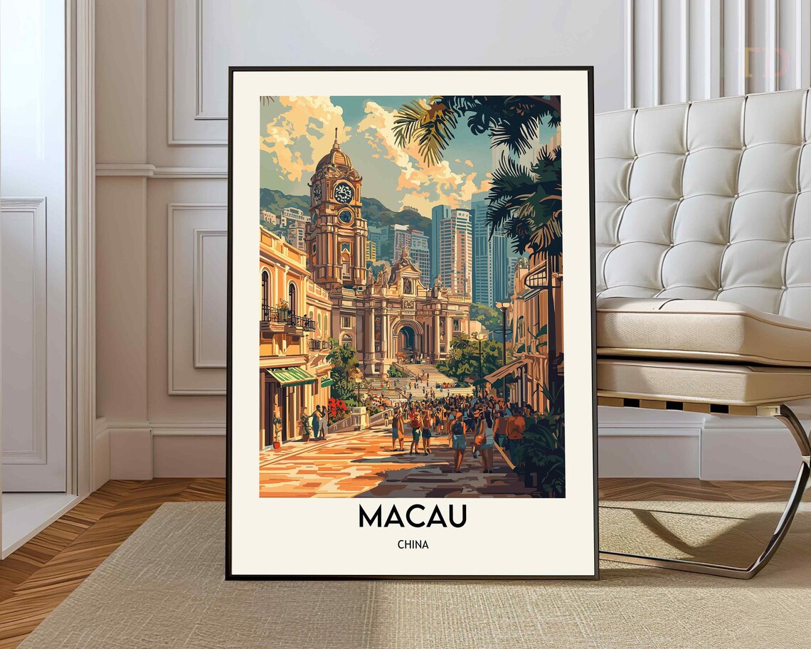 Macau China Historic Old Town Square Vintage Travel Poster Art