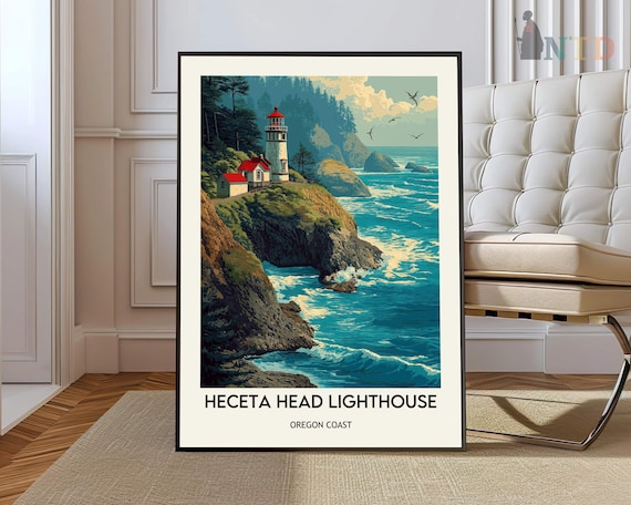 Heceta Head Lighthouse Oregon Coast Vintage Travel Poster Artwork
