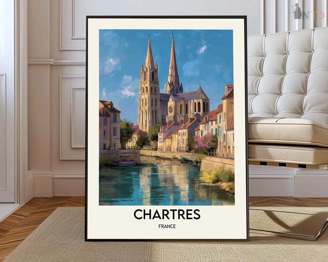 Chartres France Gothic Cathedral Twin Spires Over River Poster