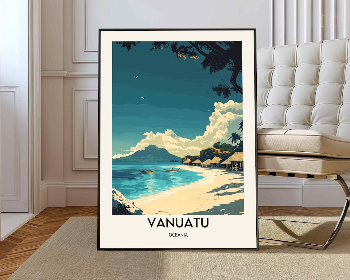 Vanuatu South Pacific Tropical Beach Huts Vintage Travel Poster