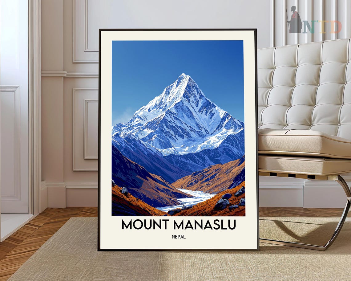 Mount Manaslu Nepal Himalayan Summit Glacier Vintage Travel Poster