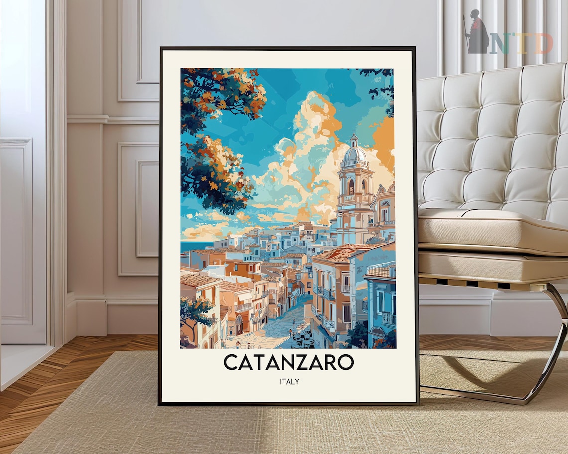 Catanzaro Italy Travel Poster Hilltop Cathedral Old Town Sea View Art