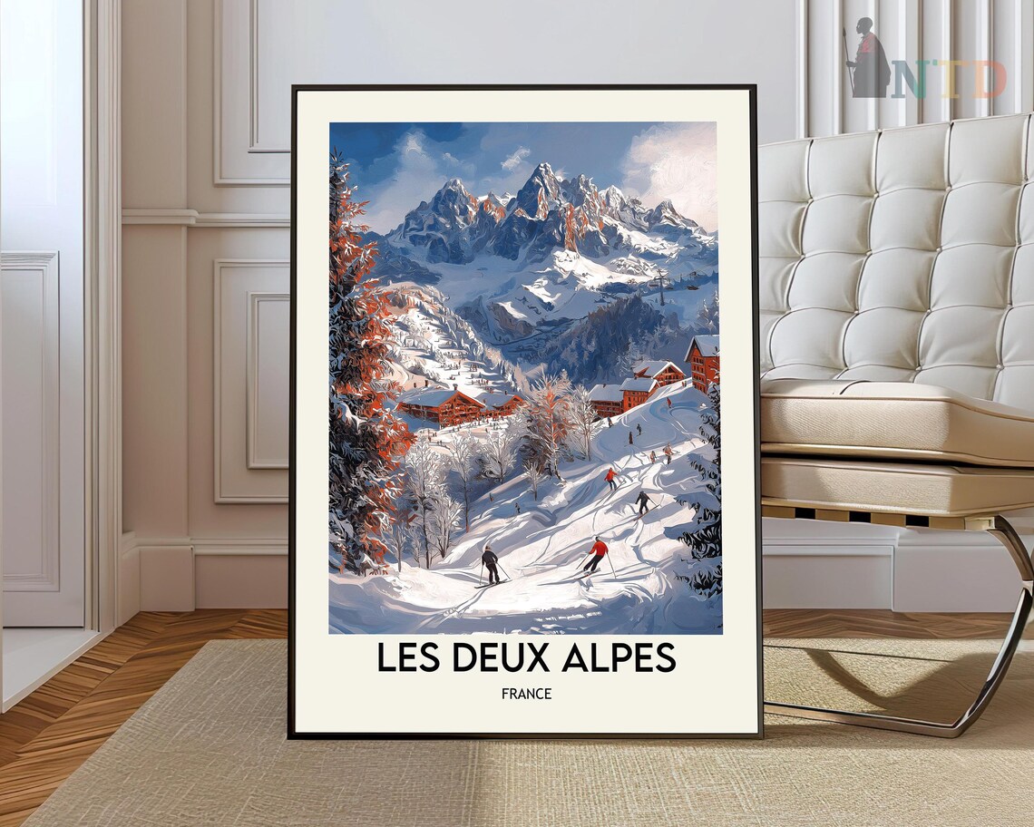 Les Deux Alpes France Alpine Ski Slopes Chalets Snowy Peaks Poster