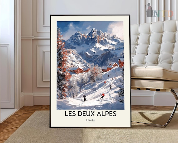 Les Deux Alpes France Alpine Ski Slopes Chalets Snowy Peaks Poster
