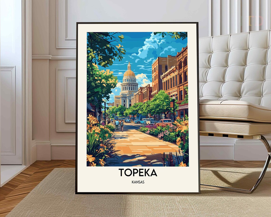 Topeka Kansas Capitol Dome Flower Lined Street Vintage Travel Poster