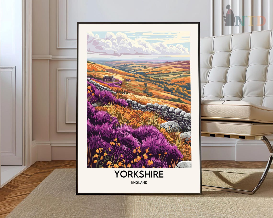 Yorkshire England Purple Heather Moors Stone Wall Travel Poster