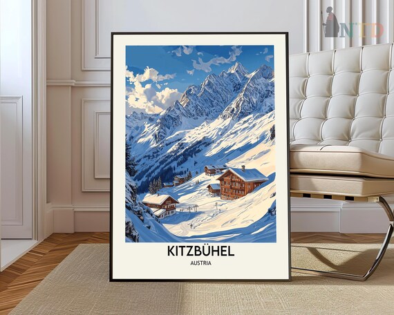Kitzbuhel Austria Snowy Peaks and Chalets Under Cloudy Sky Art Poster
