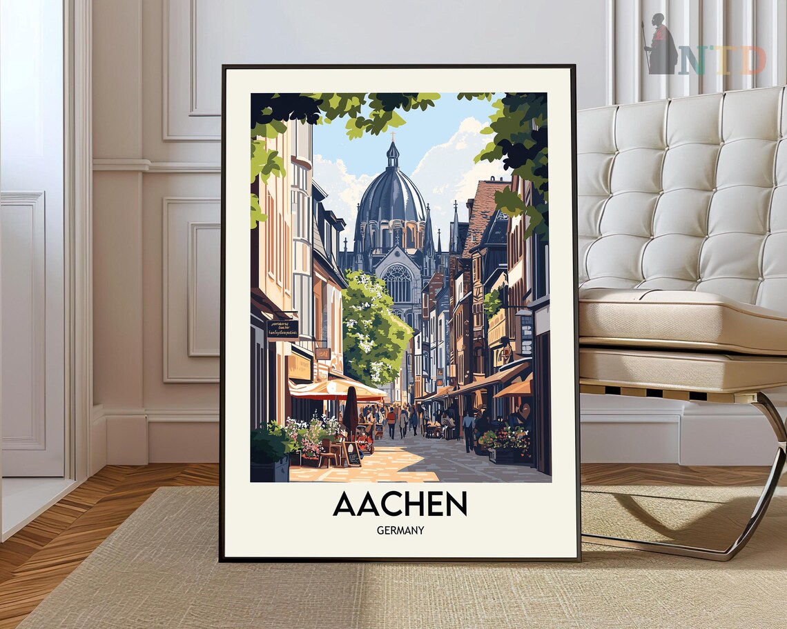 Aachen Germany Old Town Street Cathedral Dome City Travel Poster