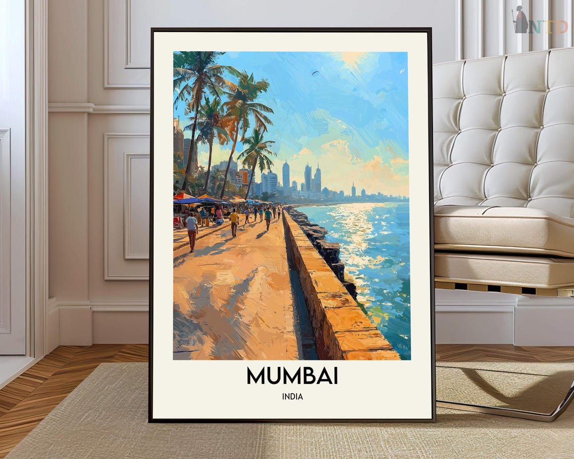 Mumbai India Marine Drive Palm Promenade Seafront Travel Poster
