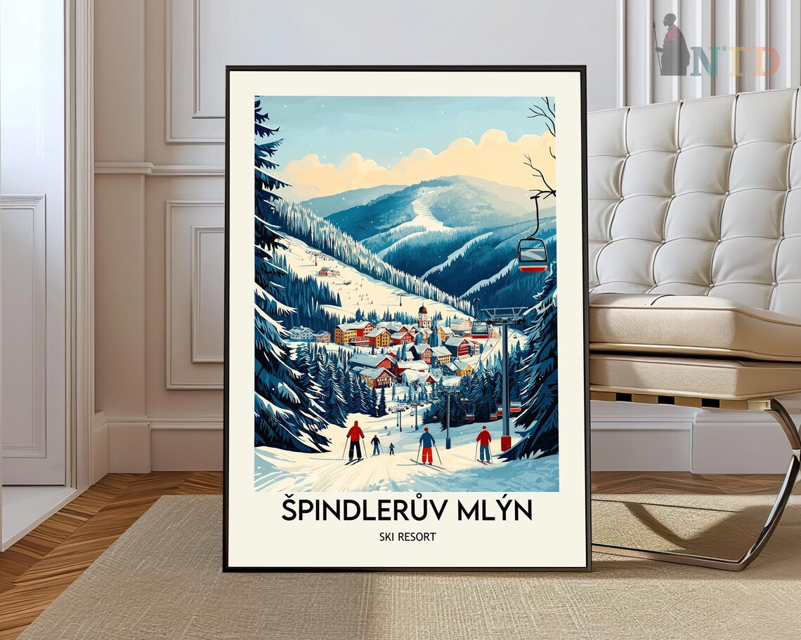 Spindleruv Mlyn Ski Resort Chairlift Village Winter Poster Art