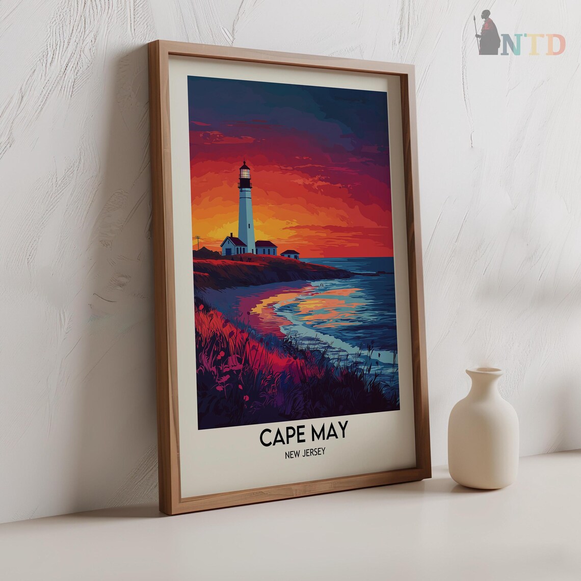 Cape May Lighthouse Fiery Sunset Over the Sea Waves Travel Poster - Image 2