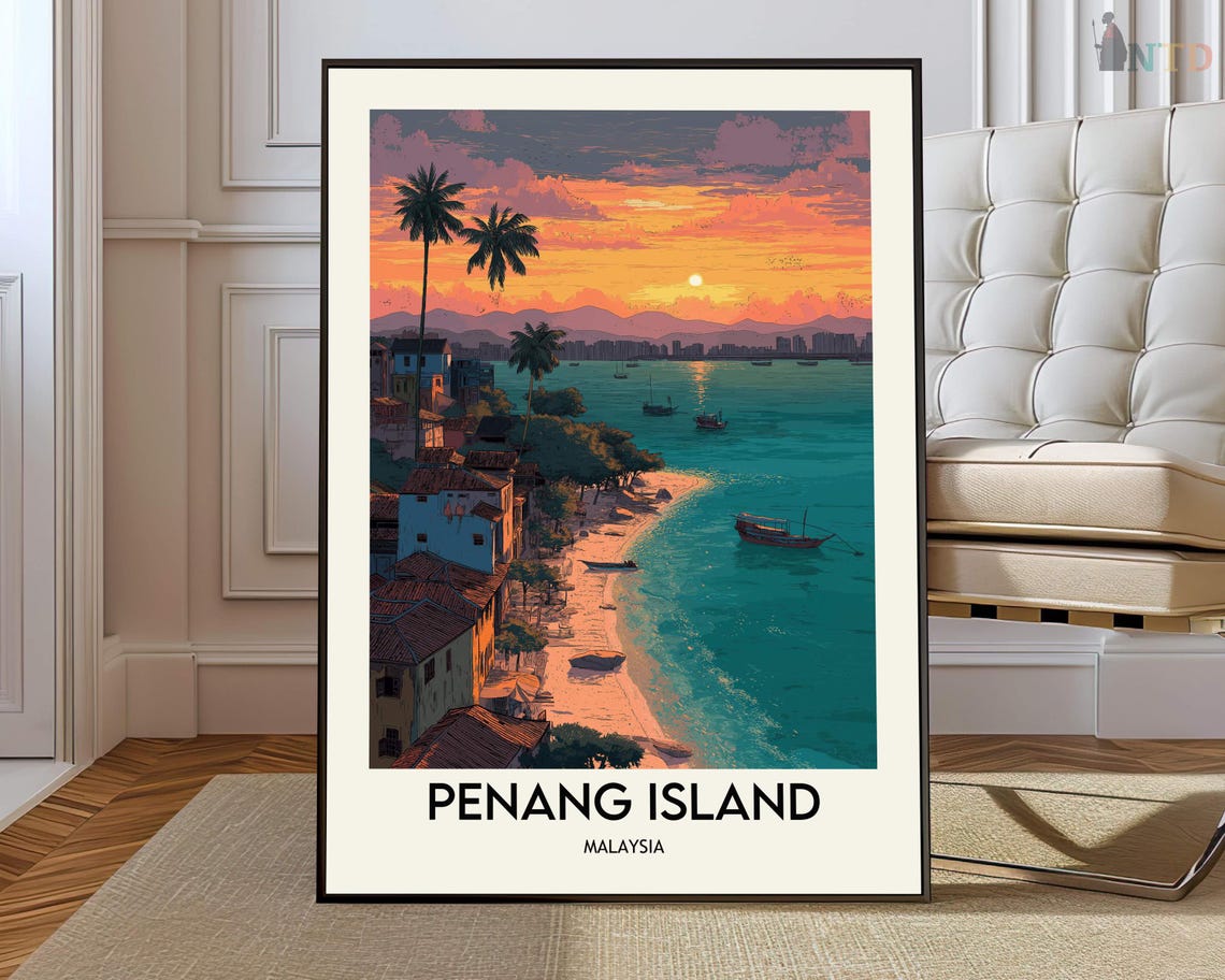 Penang Island Malaysia Sunset Beach Palm Coast Travel Poster