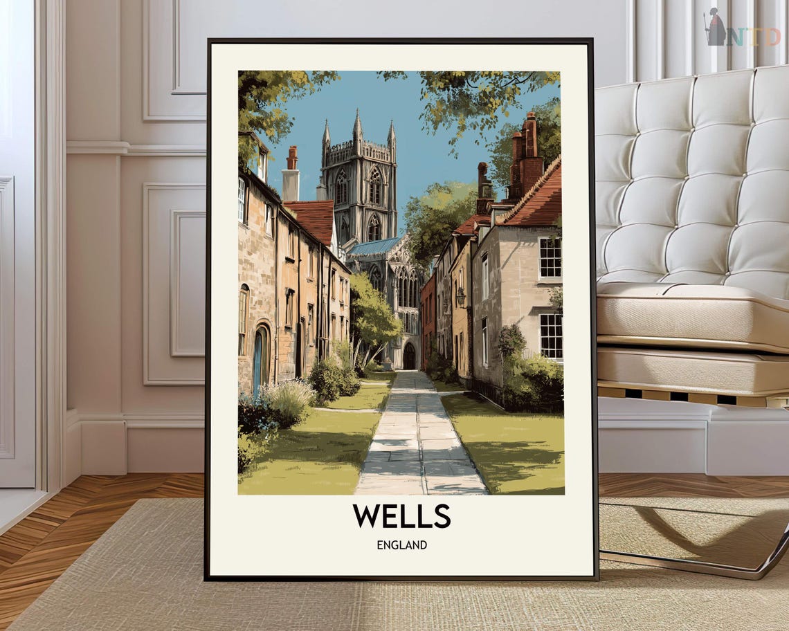 Wells England Historic Cathedral Close Stone Path Houses Poster