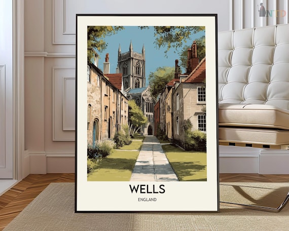 Wells England Historic Cathedral Close Stone Path Houses Poster