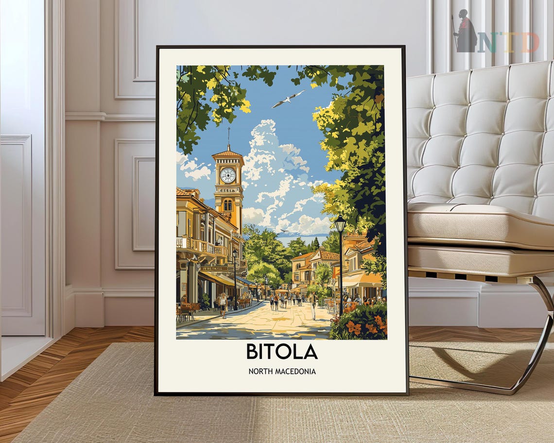 Bitola Clock Tower Tree Framed Street Travel Poster North Macedonia