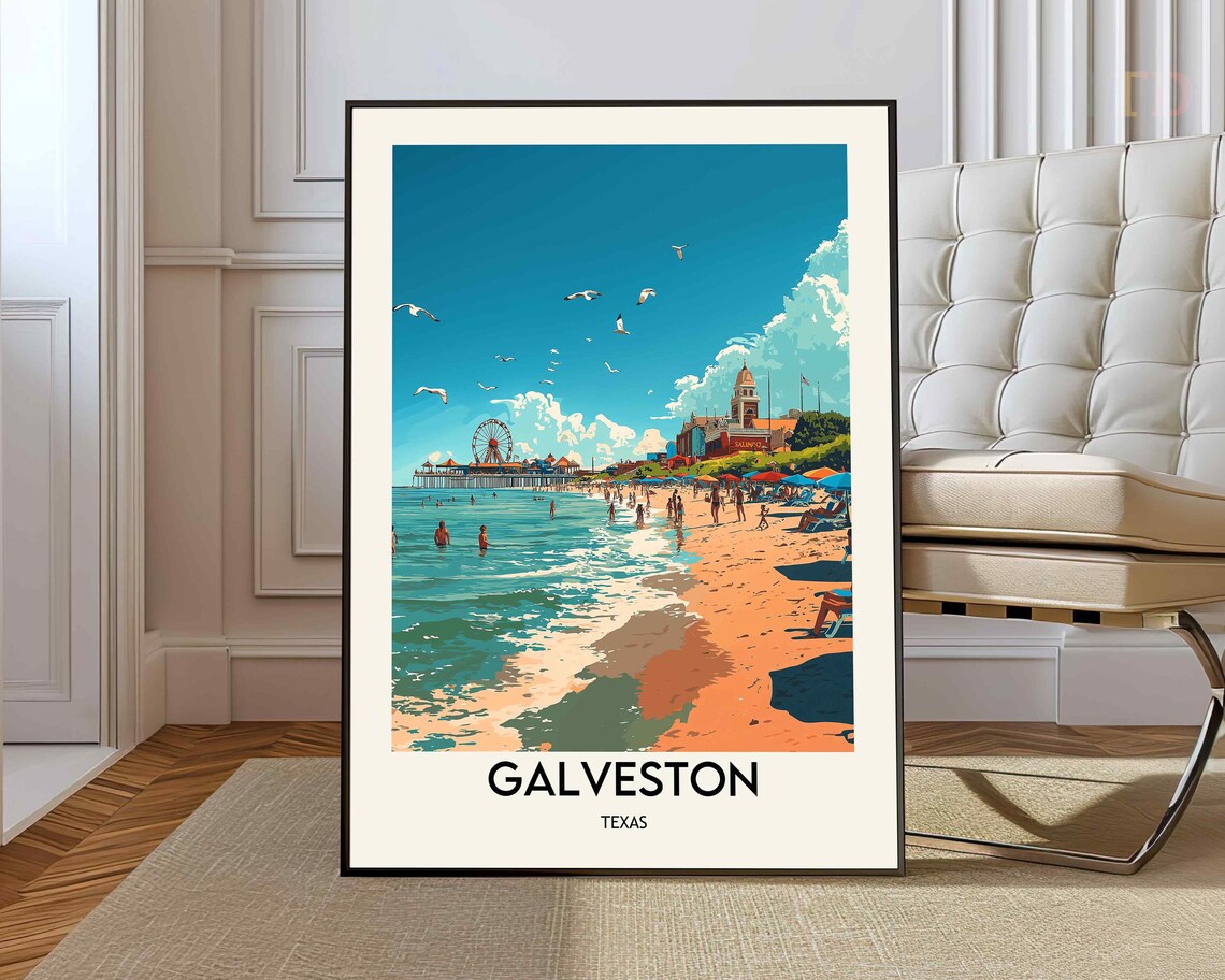 Galveston Texas Beach Pier Ferris Wheel Vintage Travel Poster