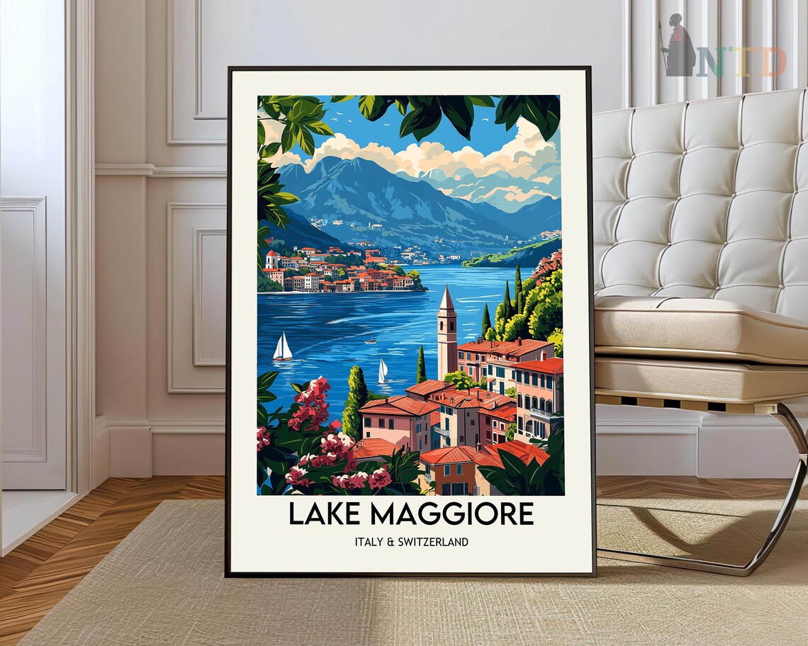 Lake Maggiore Italy Switzerland Lakeside Town Vintage Travel Poster