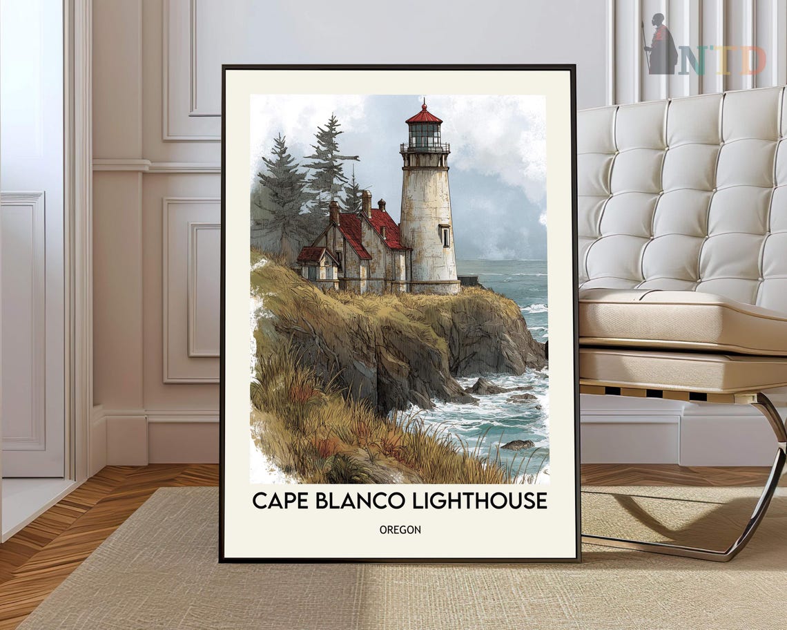 Cape Blanco Lighthouse Watercolor Red Lantern Oregon Travel Poster