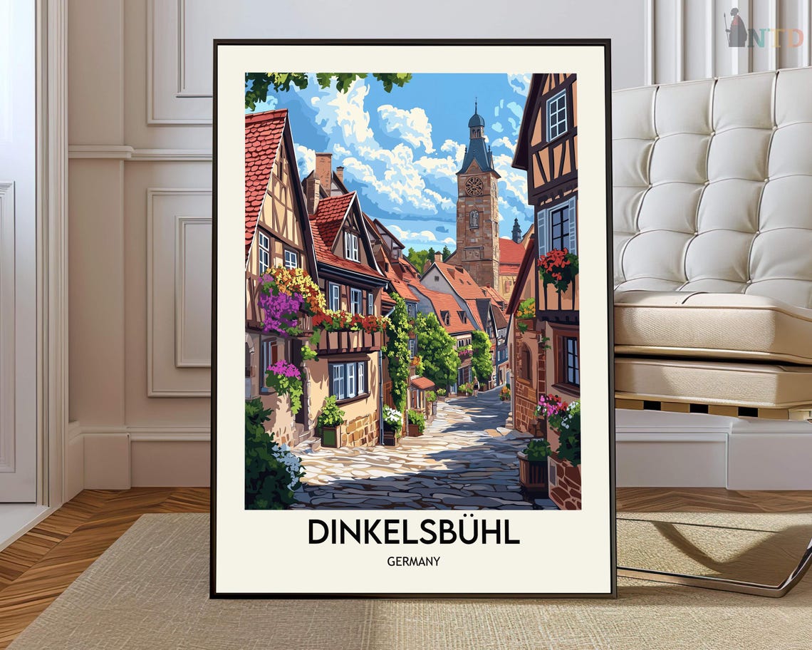 Dinkelsbuhl Germany Medieval Clock Tower Street Travel Poster