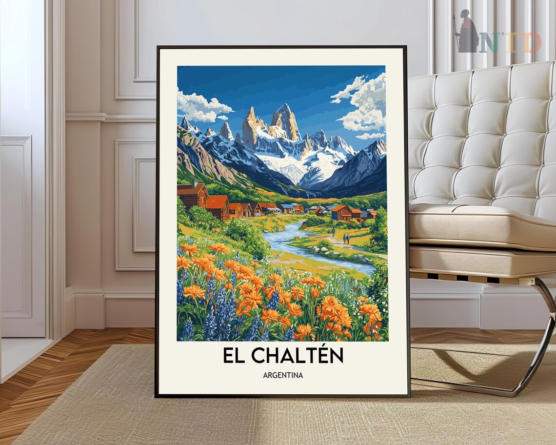 El Chaltén Argentina Patagonia Peaks Wildflower Vintage Travel Poster