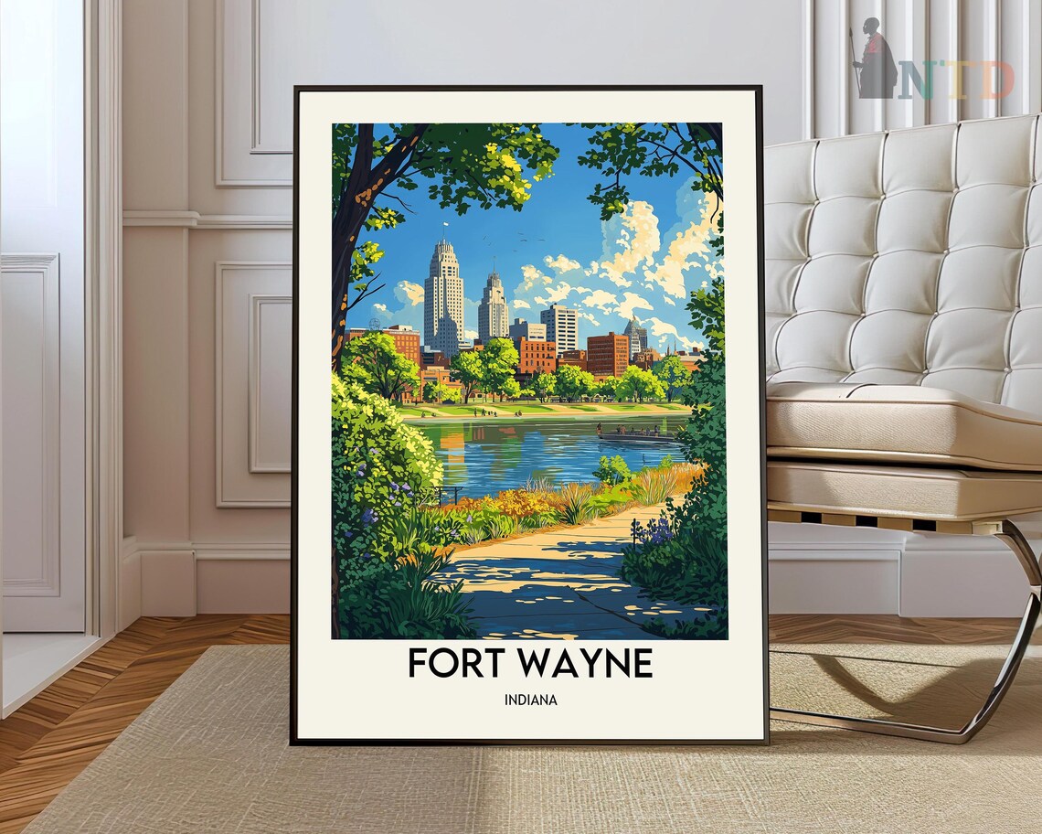 Fort Wayne Indiana Skyline Riverside Park Vintage Style Travel Poster
