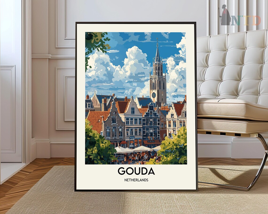Gouda Netherlands Vintage Historic Market Square City Travel Poster