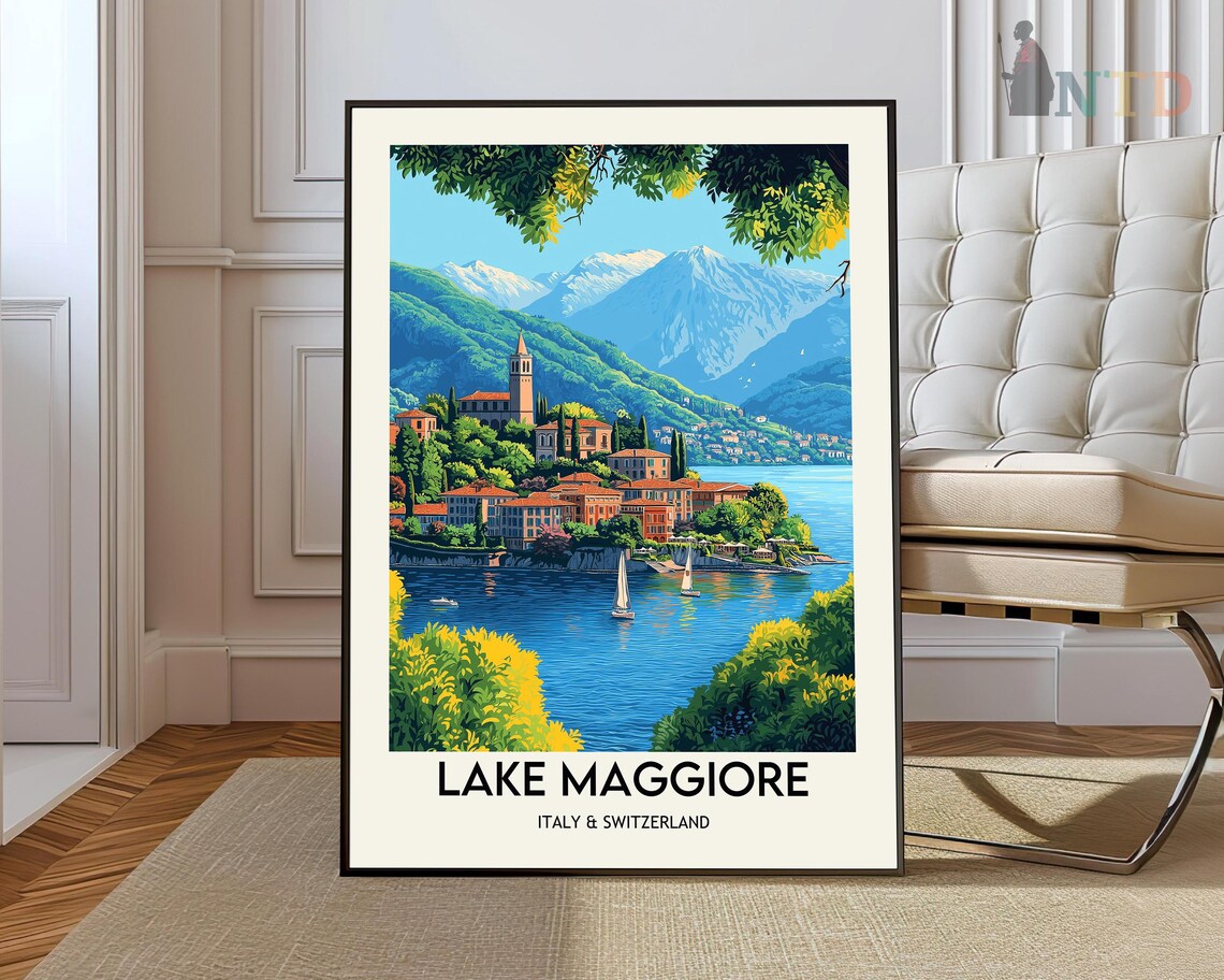 Lake Maggiore Italy Switzerland Village Sailboats Mountain Poster
