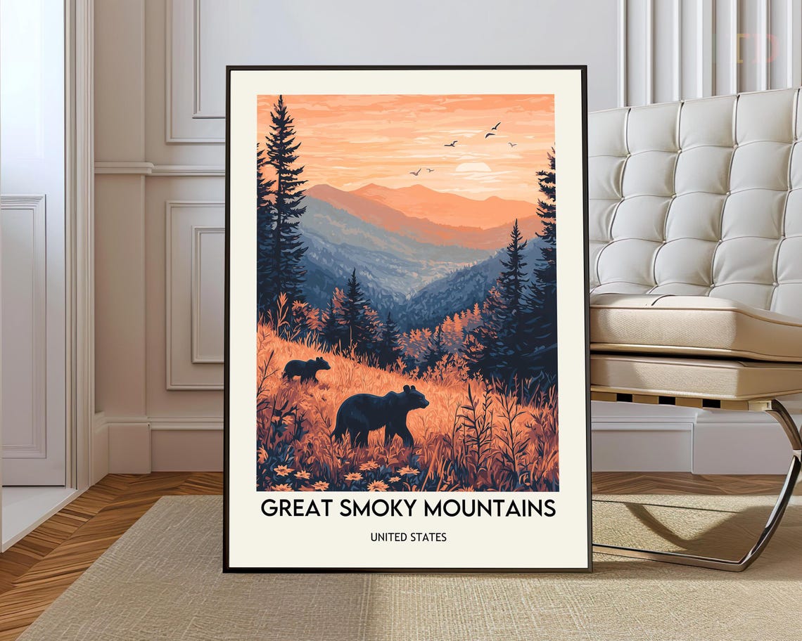 Great Smoky Mountains Two Black Bears Golden Meadow Travel Poster