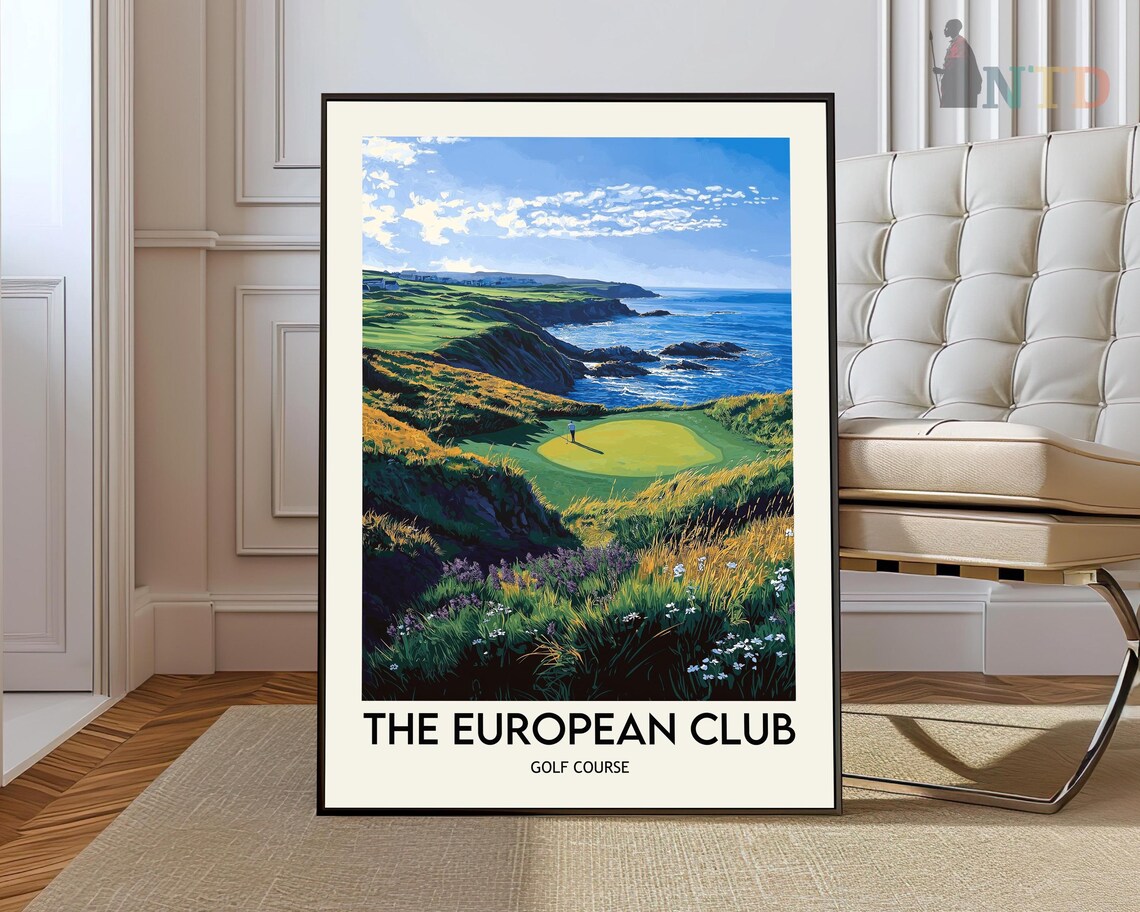 The European Club Ocean Cliff Golf Course Retro Travel Art Poster