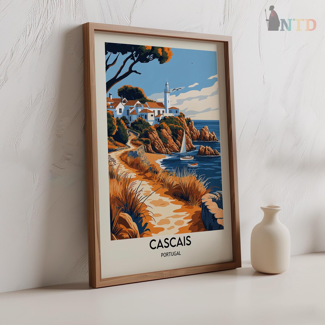 Cascais Lighthouse Cliff Coast Seagull Vintage Travel Poster - Image 2