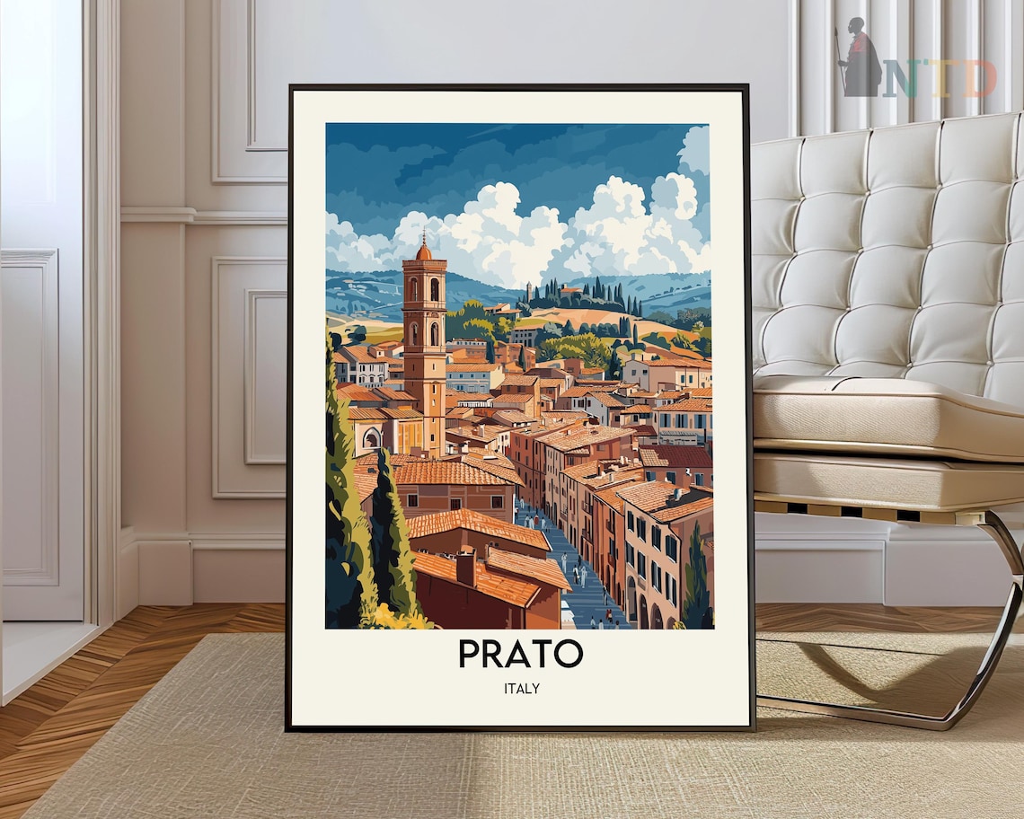 Prato Italy Tuscan Rooftops Bell Tower Vintage Travel Poster