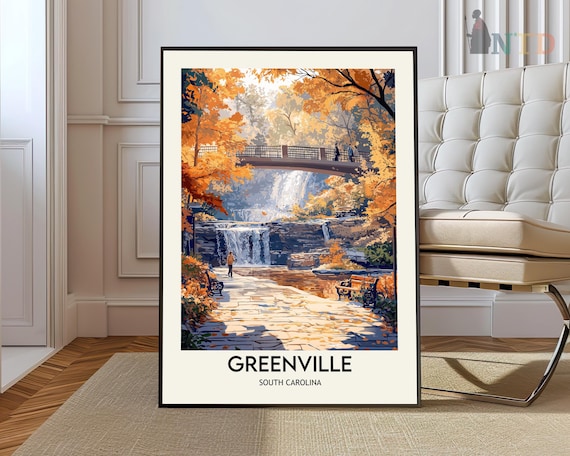 Greenville South Carolina Autumn Waterfall Park Travel Poster