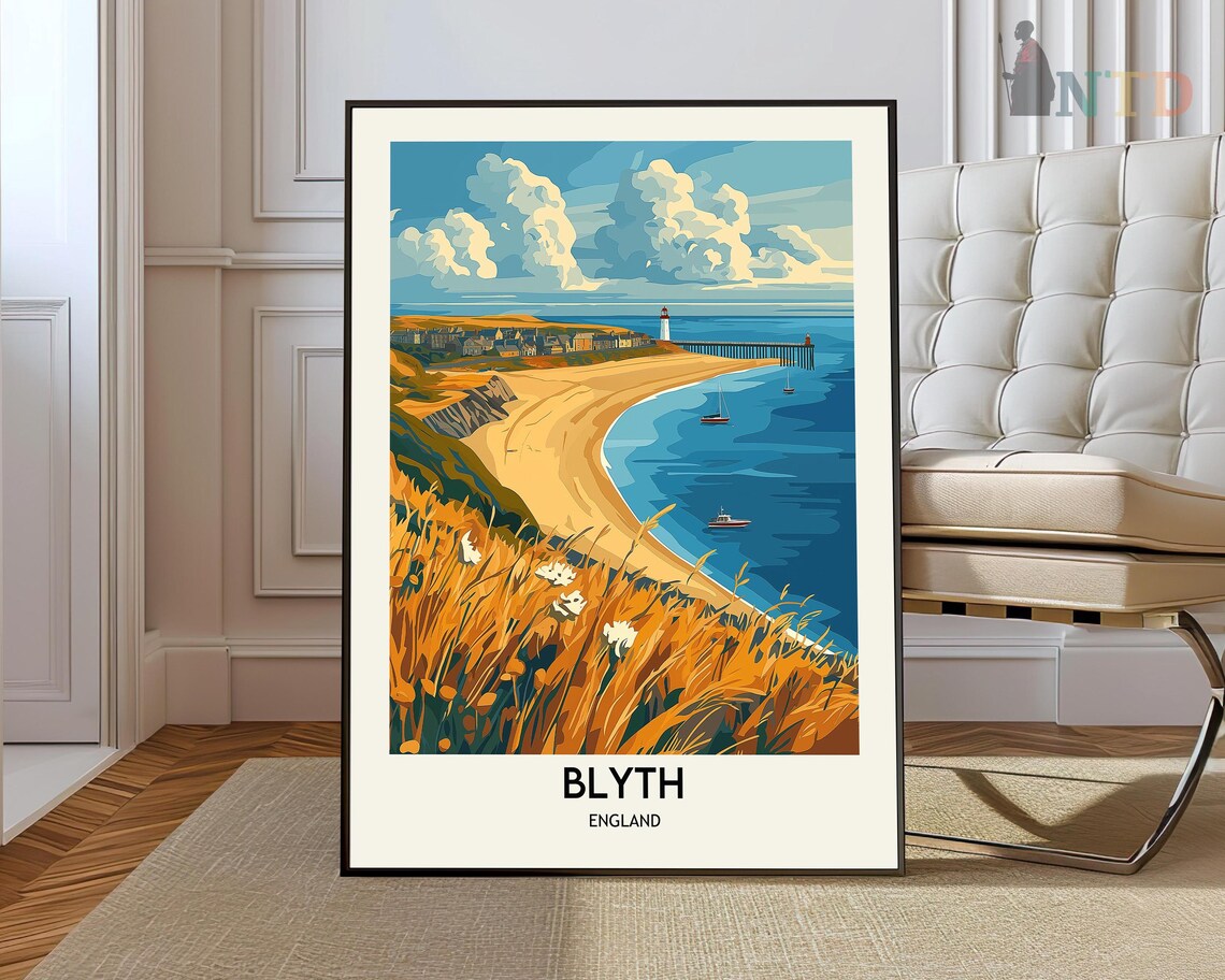 Blyth England Coastal Beach Lighthouse Pier Seaside Town Travel Poster
