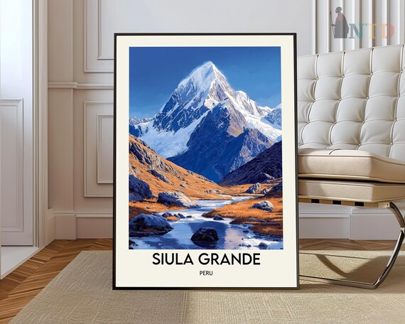 Siula Grande Peru Mountain Vintage Travel Poster Andes Peak Stream Art