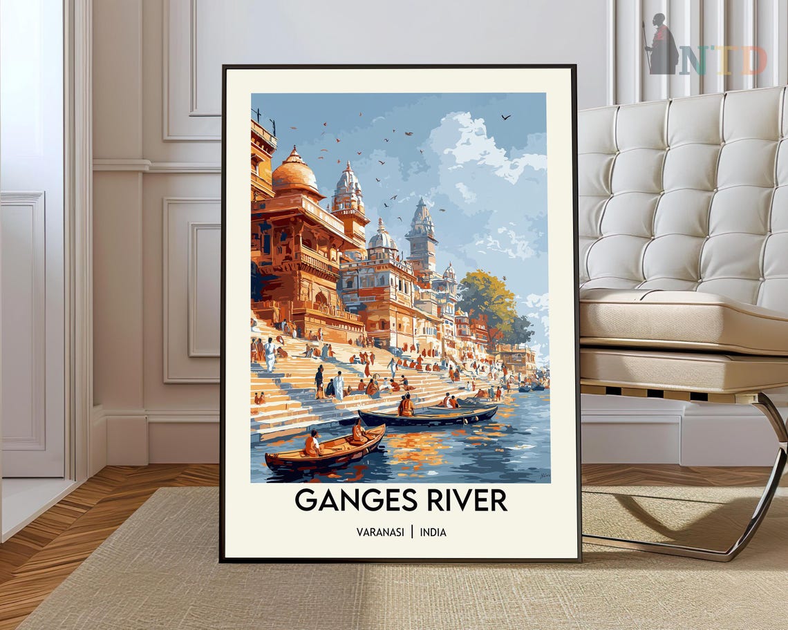 Ganges River Varanasi India Temple Ghats Boats Vintage Travel Poster
