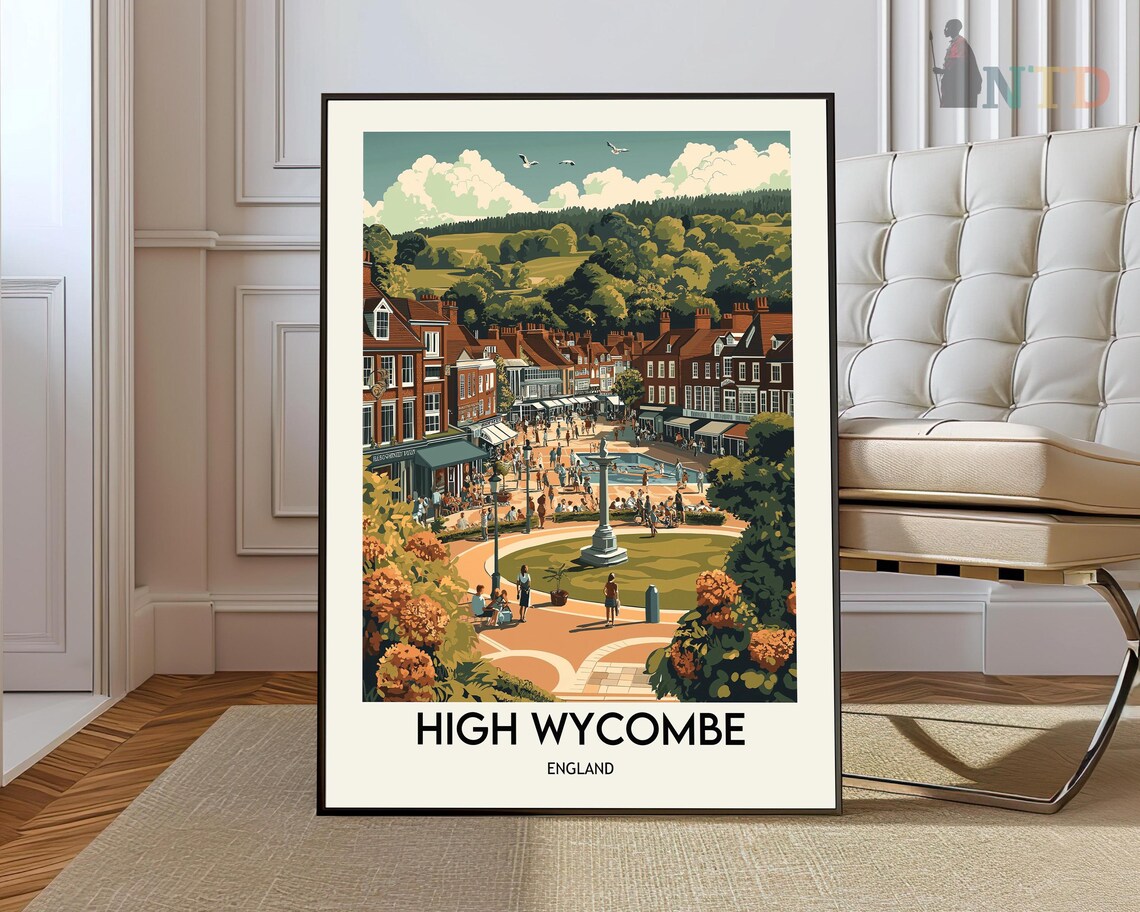High Wycombe England Town Square Fountain Bustling Market Poster