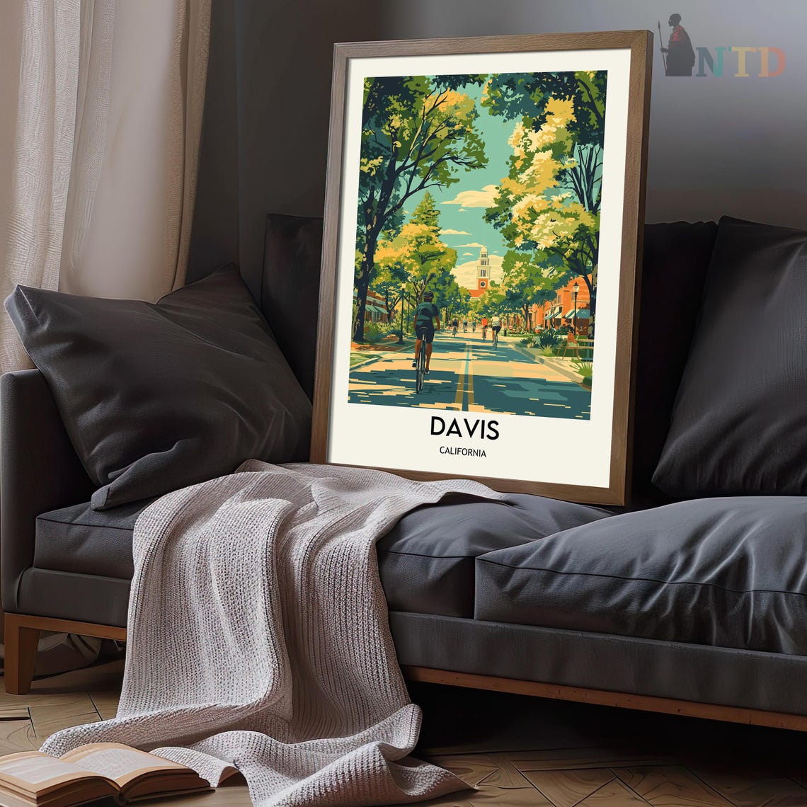 Davis California Tree Lined Bike Street Clock Tower Cyclists Poster - Image 3