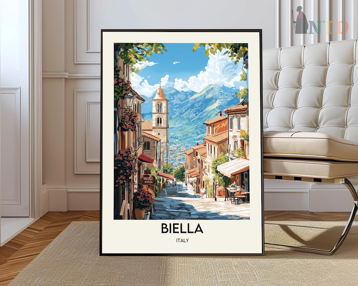 Biella Italy Sunlit Old Town Bell Tower Alps View Travel Poster