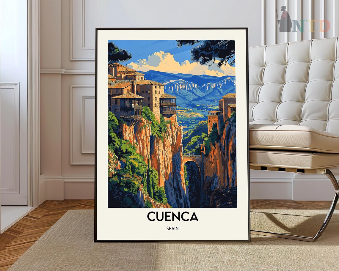 Cuenca Spain Cliffside Hanging Houses Gorge Vintage Travel Poster