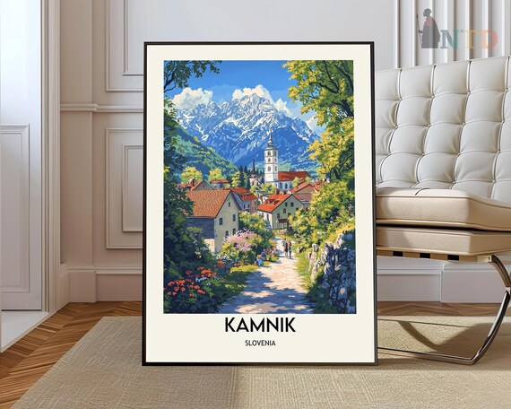Kamnik Slovenia Alpine Town Church Mountain Peaks Travel Poster