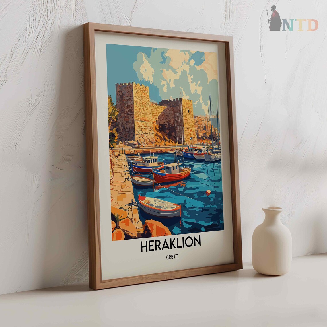 Heraklion Crete Old Harbor Fortress Fishing Boats Scene Poster - Image 2