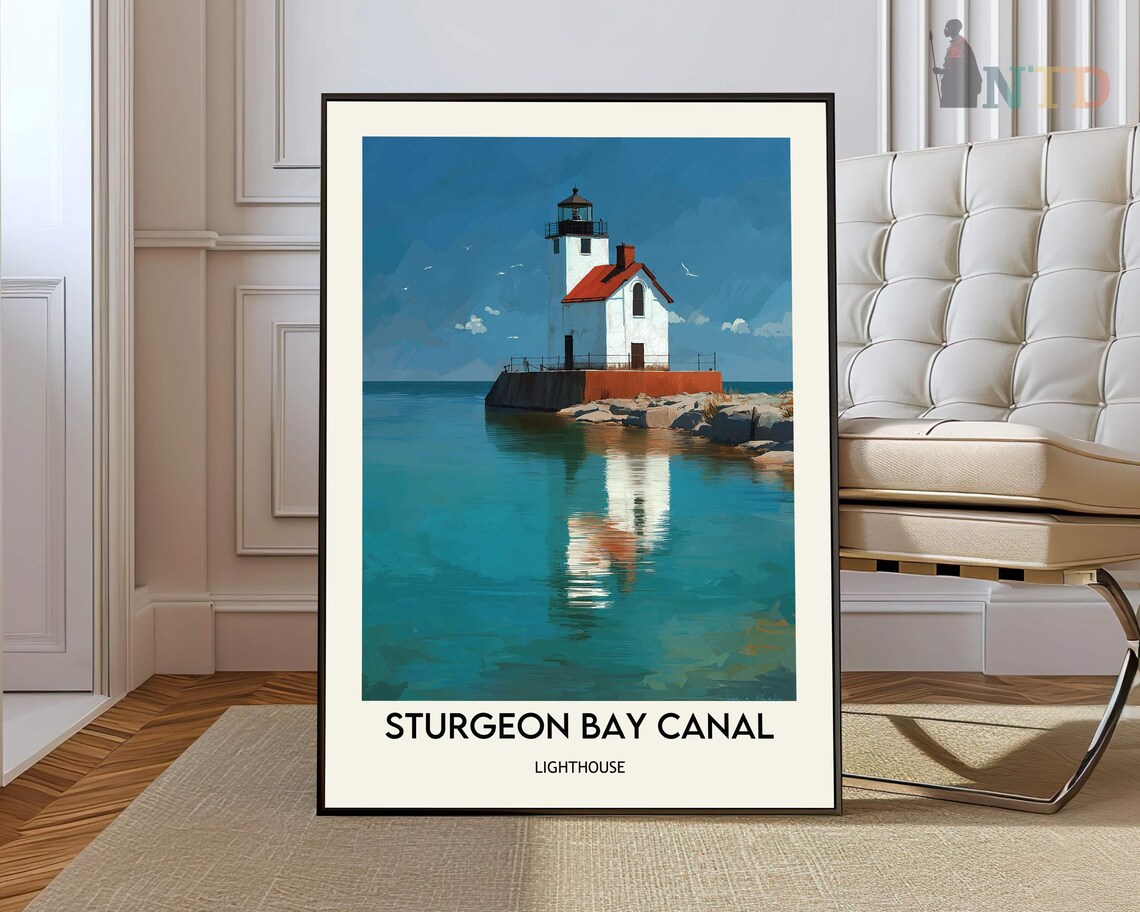 Sturgeon Bay Canal Lighthouse Calm Waters Vintage Travel Poster