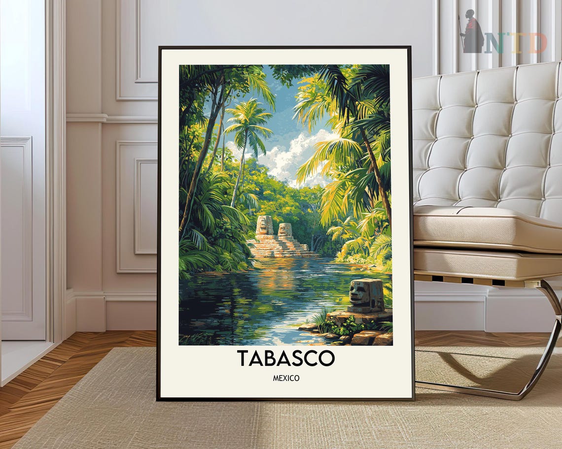 Tabasco Mexico Jungle River Ruins Adventure Vintage Travel Poster