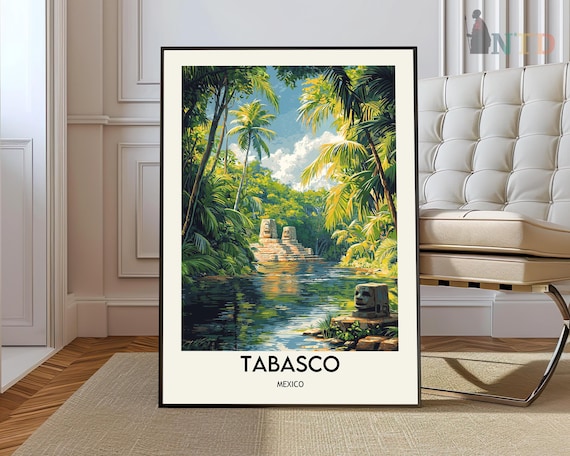 Tabasco Mexico Jungle River Ruins Adventure Vintage Travel Poster